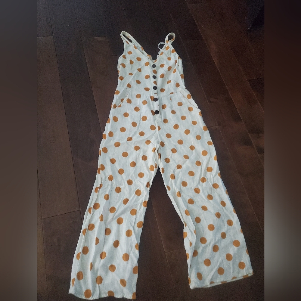 White and Burnt Irange Polka Dot Jumpsuit Size XS linen Mix Super Cute